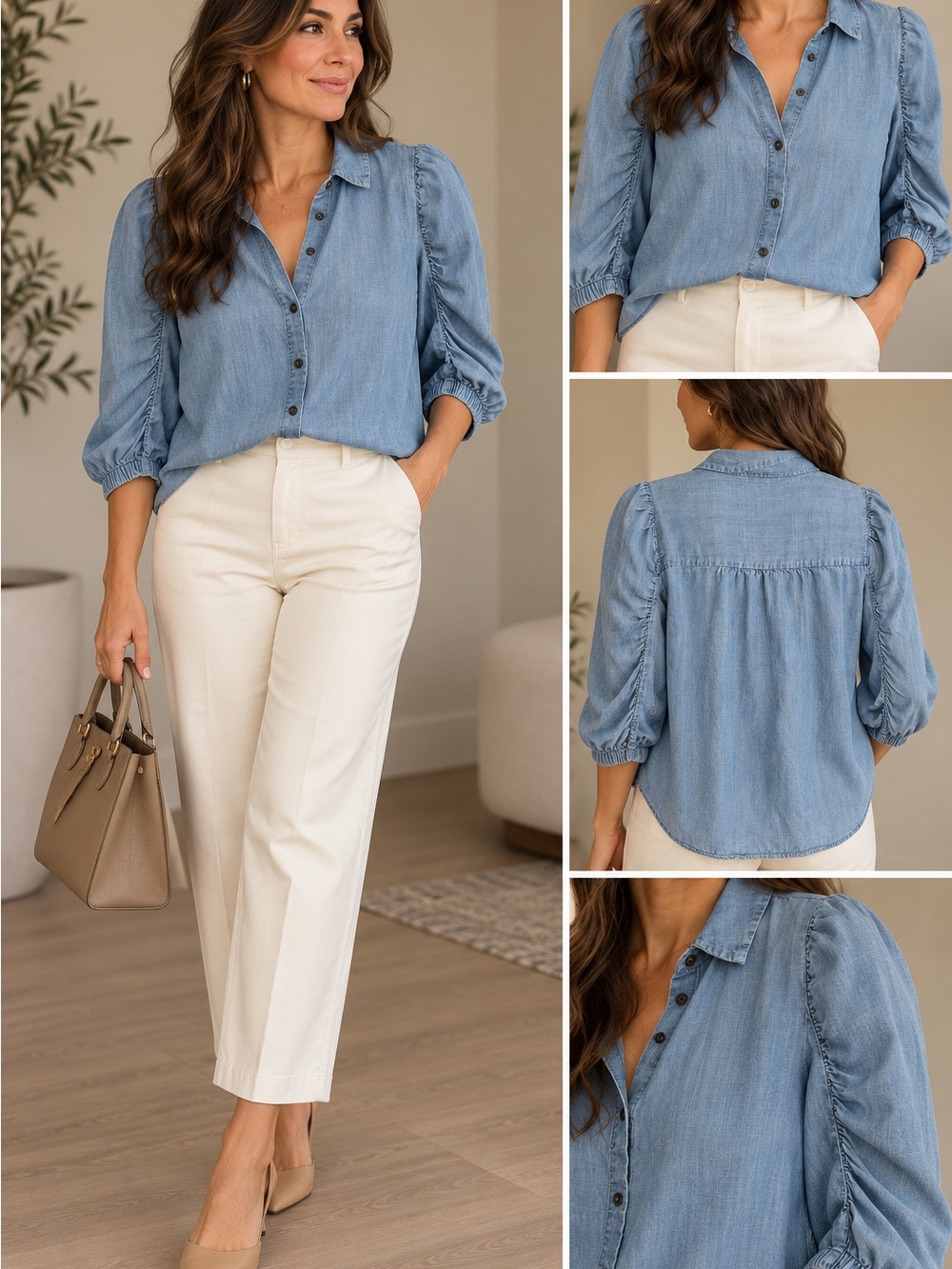 Splendid Chambray Lyocell Ruched Sleeve Button Down Shirt M